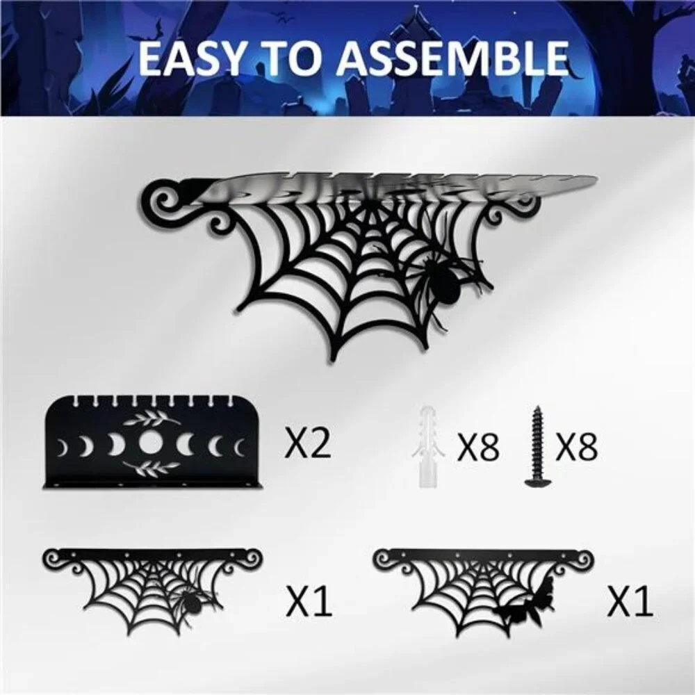 Set of 2 gothic spiderweb wall shelves black crystal display spooky home decor